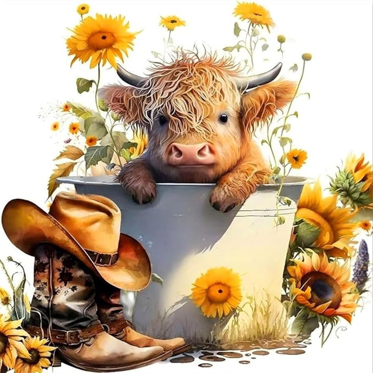 Cow Diamond Art Kits for Adults, Highland Cow Diamond Art Kits, Full Drill Round Sunflower Diamond Painting Kits, DIY Gem Art and Crafts for Home Wall Decor Gift 14x14inch